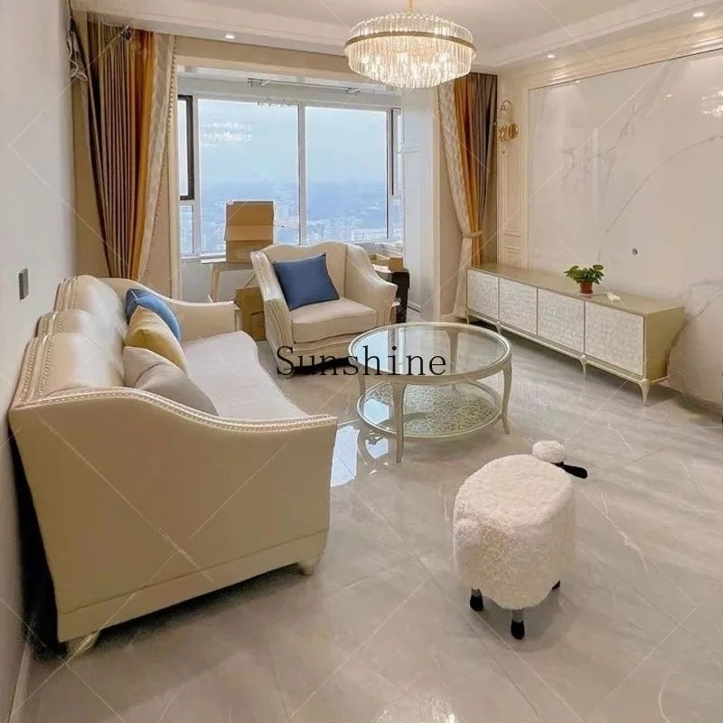 

American classic light luxury small apartment living room leather cloth combined with champagne high-end three-person sofa