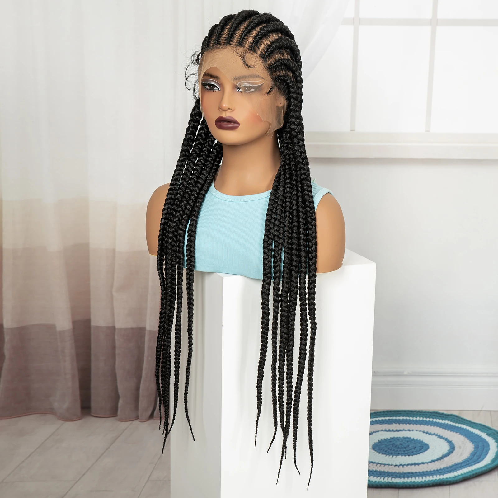 32In Full Lace Cornrow Braided Wigs Synthetic Braiding Hair Wigs Knotless Lace Frontal Braids Wig with Baby Hair for Black Women