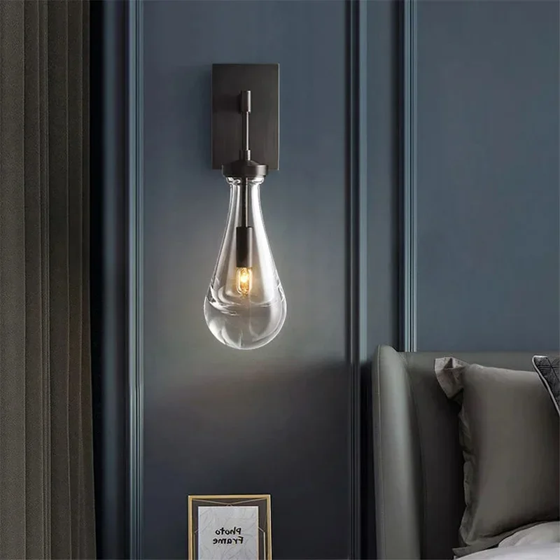 New Copper LED Pendant Light Modern Lobby Waterdrop Glass Light Home Decoration Hotel Villa Glossy Staircase Hanging Lamp