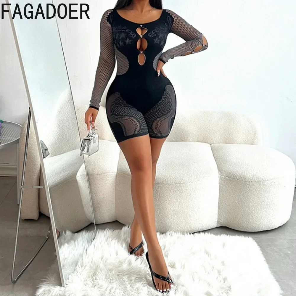 FAGADOER Sexy Hollow Thick Lace Elasticity Rompers Women Long Sleeve Bodycon One Pieces Jumpsuits Female See Through Overalls