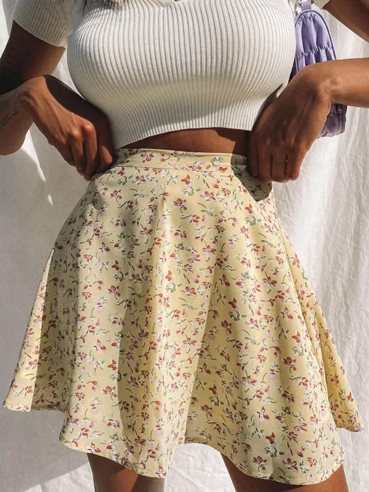 

Boho Floral Print Party Skirt Summer New High Waist Pleated Skirt Short Beach Sexy Frills Mini Skirts For Women 2022