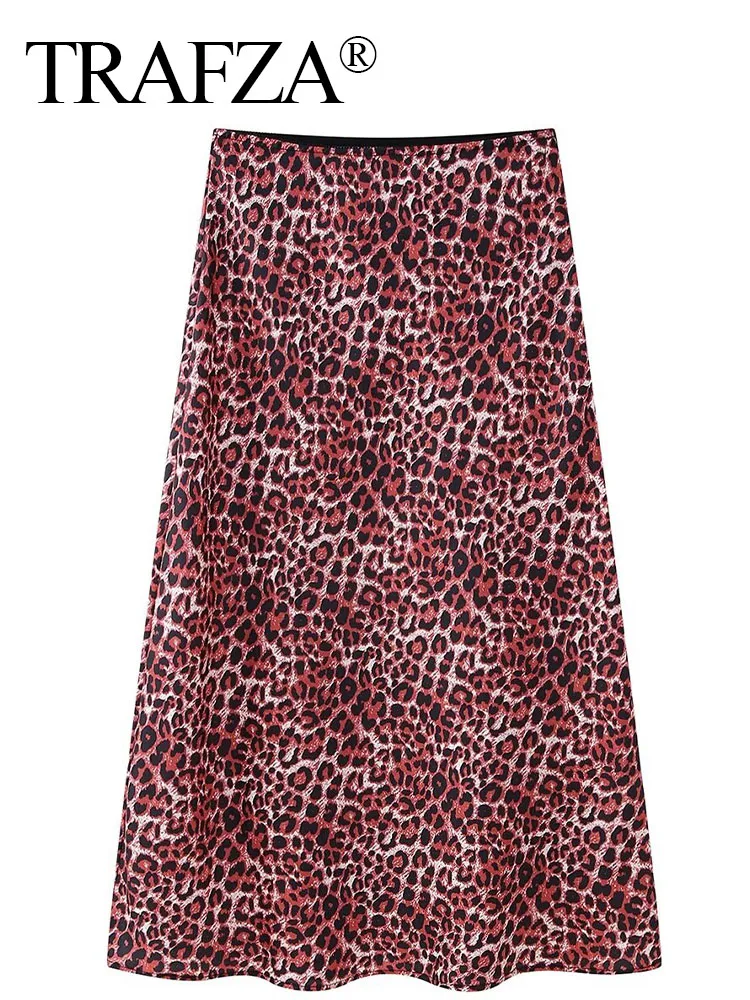 TRAFZA Women's Chic Casual Leopard Print Midi Skirts Summer Fashion Vintage Street Hem Folds High Waist Zipper A-Line Skirt Y2K