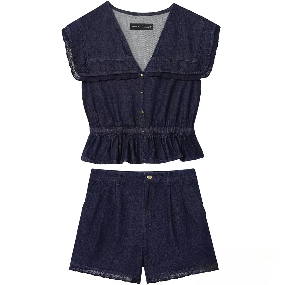 

KONDALA женские повседневные джинсовые кружевные шорты, комплект рубашек с v-образным вырезом, топы, прямые шорты на молнии, новая мода, весенне-осенний праздничный комплект 2025 г.