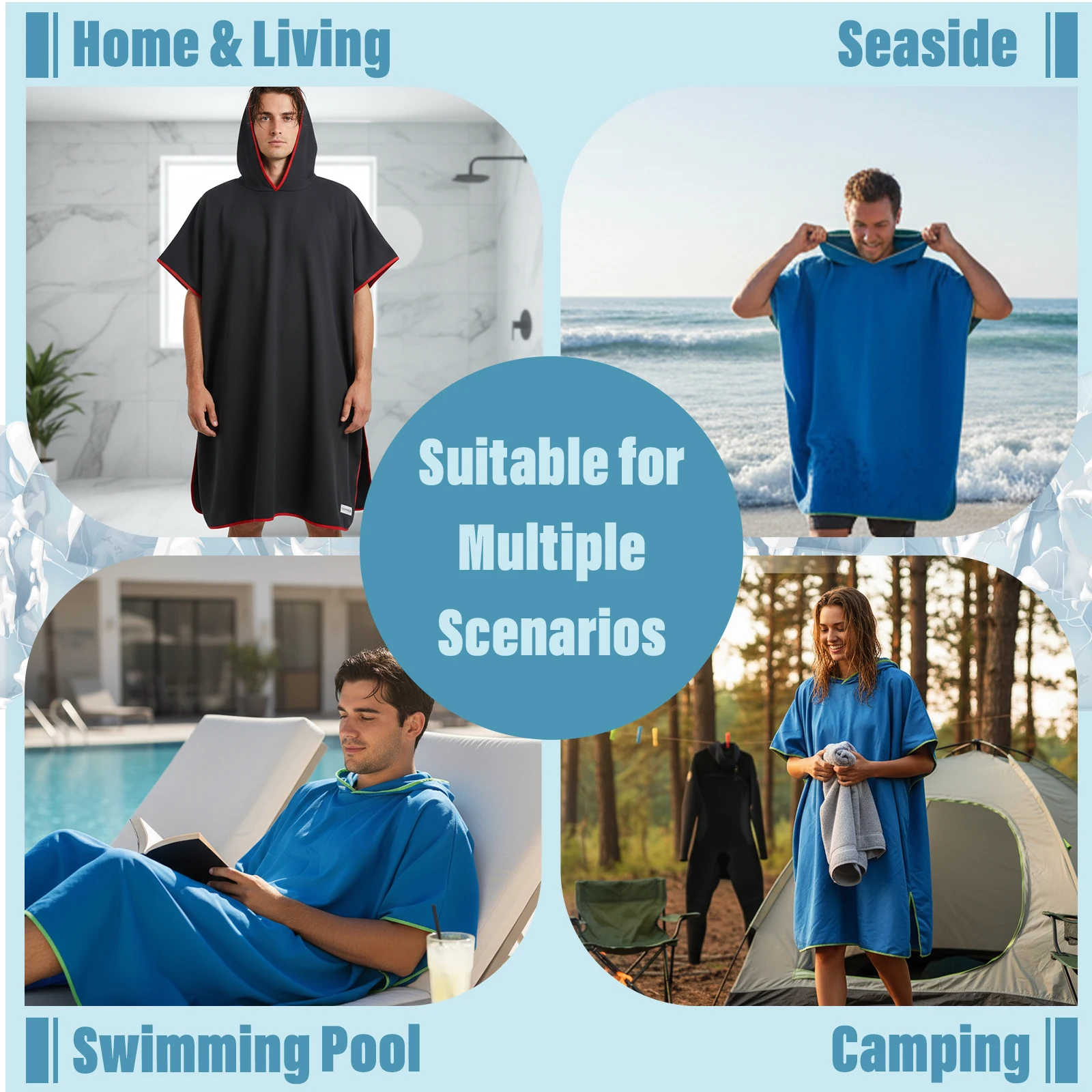 3pcs Microfiber Hooded Changing Poncho 80×100cm Absorbent Bath Robe Towel For Surfing Swimming Beach Pool Multi‑color