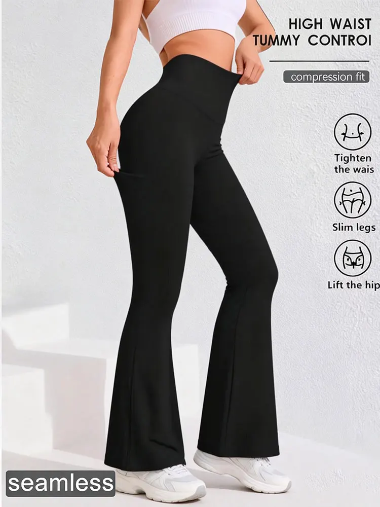 Yogabroek met hoge taille, rechte pijpen, buikcontrole en zoom met wijde pijpen - Zomer lichtgewicht ademende trainingslegging