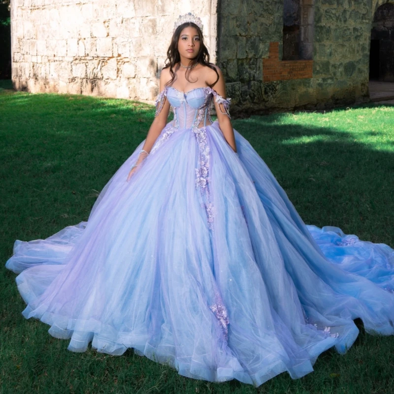

Blue Shiny Quinceanera Dresses Off The Shoulder Applique Lace Beading Crystal Tull Corset Party Birthday Sweet 16 Dress Vestidos