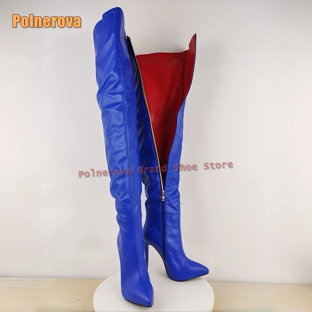 

Blue and Red Sexy Over The Knee Boots Pointed Toe Stiletto Zipper Closure Splicing Women Fashion Party Long Boots 2025 Autumn