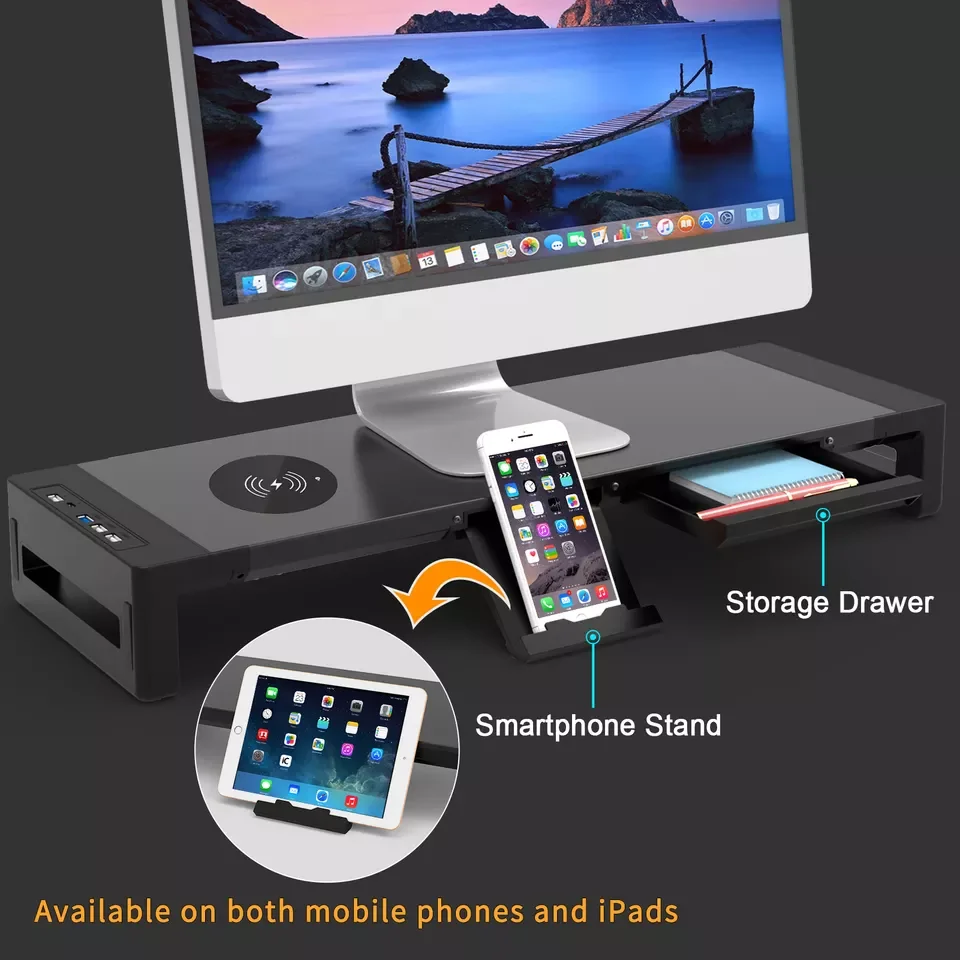 

Steel Desk Organizer with USB 3.0 Data Transmission for PC Monitor Riser Stand with Wireless