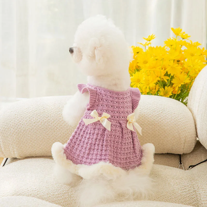 2023 Autumn Winter Fashion Warm And Thick Dog Clothes Purple White Bow Sweater Skirt Princess Wind Pet Teddy Two Feet Clothes