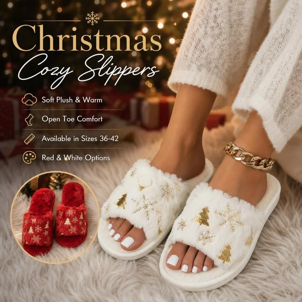 Open-Toe Christmas Tree Slippers Snowflake Non Slip Winter Warm Slippers Plus Velvet Embroidered Women Home Slippers Unisex