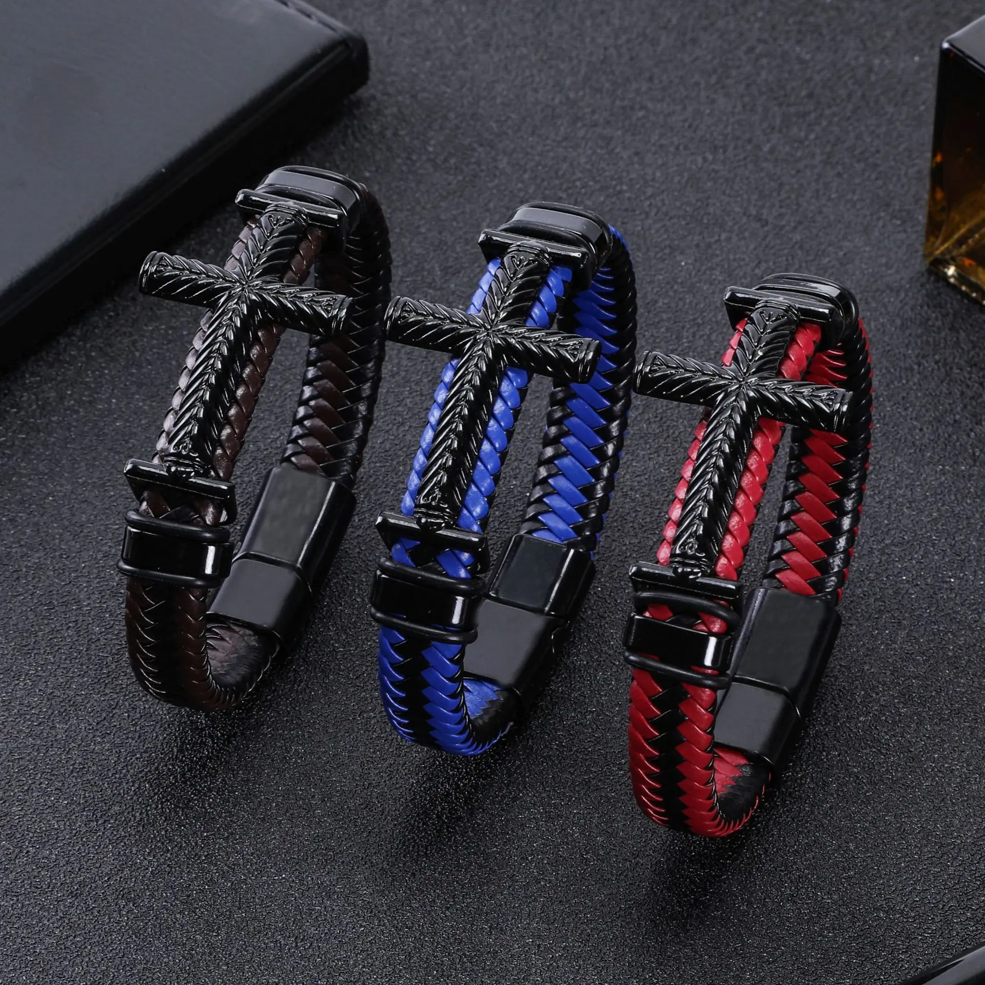 Retro Punk Harajuku Individuality Fashion Cross Gentleman Originality Bracelet Hand knitting Leather Magnetic buckle Wristband