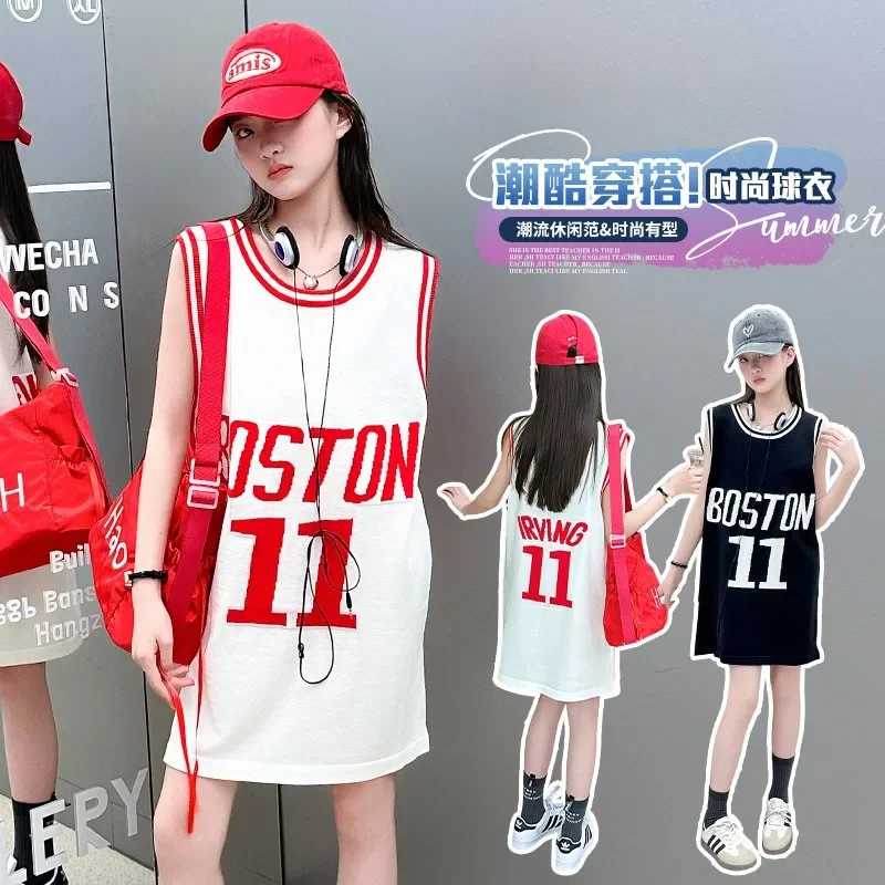 

Girls' Korean Casual Alphabet Sports Vest Top Summer 2025 New Medium and Long Basketball Suit Sleeveless T-shirt Skirt