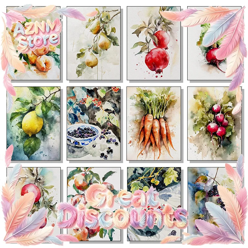 2026 Vintage Fruit Pomegranate Strawberry Peach Lemon Watercolor Illustration Poster Canvas Paintings Wall Art HD Pictures Home