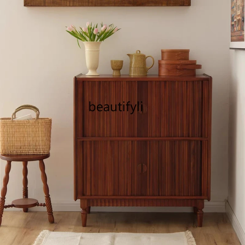 Nordic Mid-Ancient Retro Cherrywood Solid Wood Dining Edge Storage Cabinet Simple Sliding Door Short Cabinet furniture