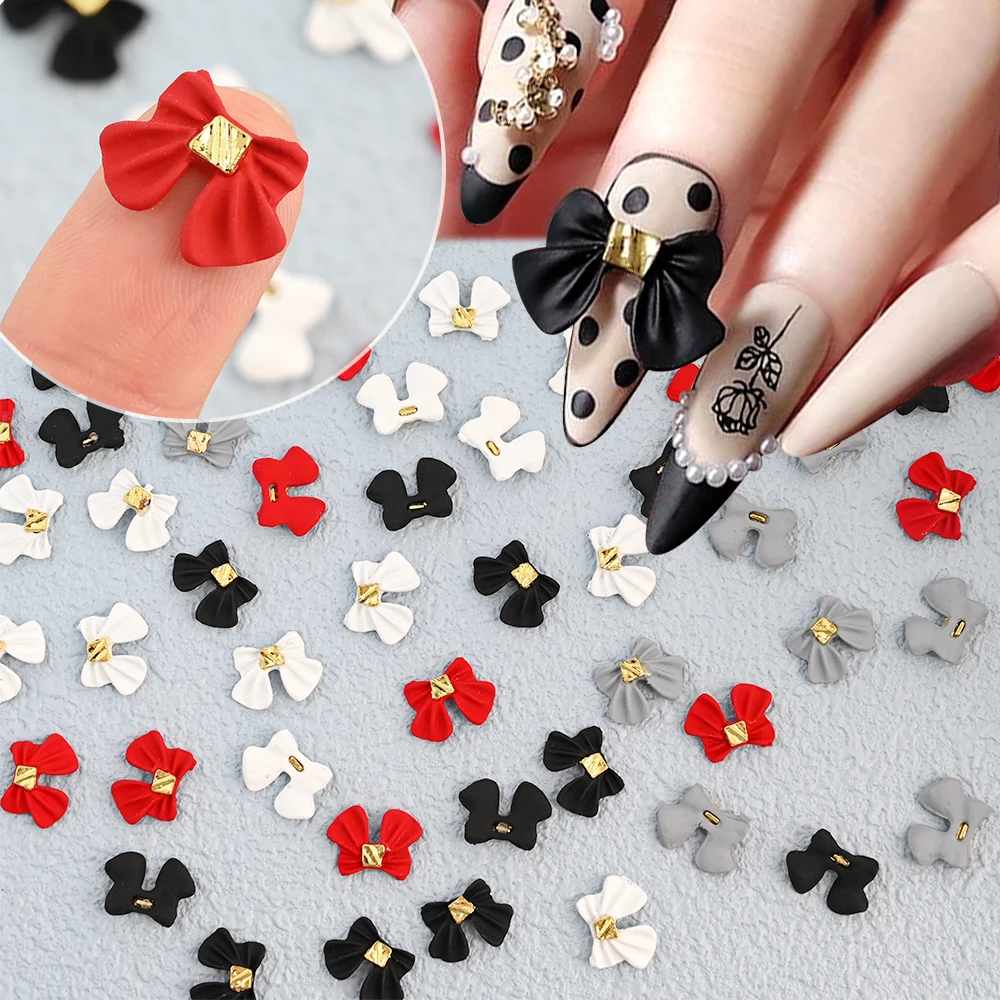 

10pcs Cute Bowtie Nail Charms Parts Red Black Solid Color Frosted Ribbon Bow Nail Decor for DIY Nails Accessories Manicure Suppl