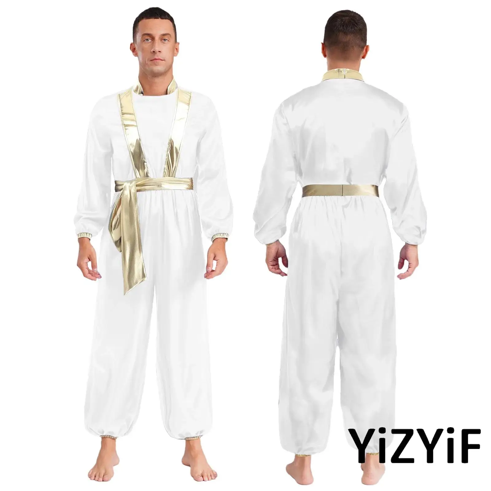 

Mens Halloween Prince Outfit Metallic Gold Back Zipper Closure Cosplay Costume for Festival Holidays Roleplaying Themed Parties