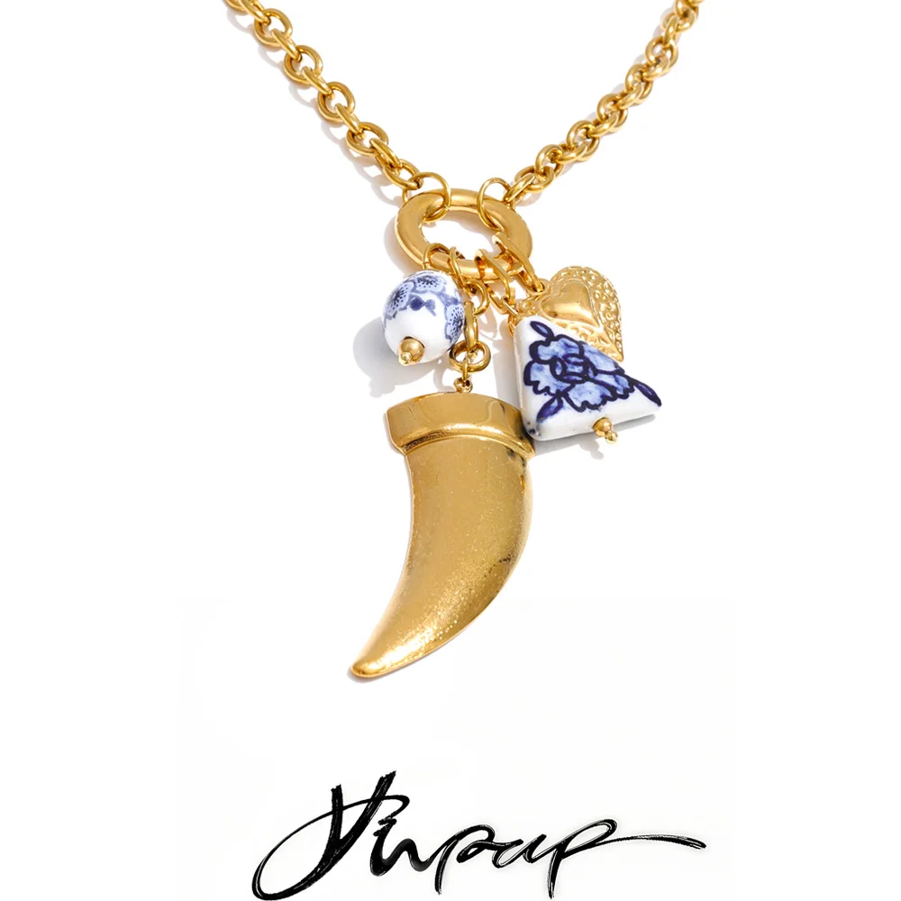 Yhpup 2026 Arrivals Stainless Steel Ceramic Heart Horn Drop Charm Necklace Trending Individualistic Unique Gold Color Jewelry