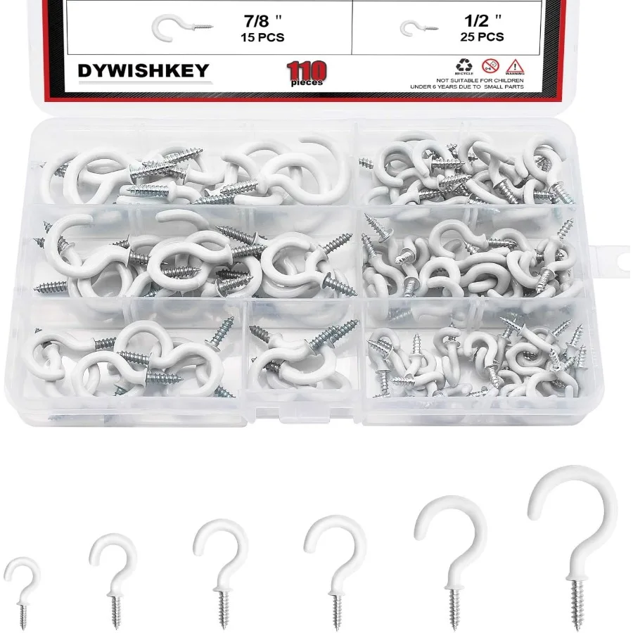 مجموعة خطافات الأكواب 110 قطعة 6 أحجام حامل خطافات السقف المطلي بالفينيل للمكتب المنزلي وأماكن العمل باللون الأبيض 1 2 "5 8" 3 4 "7 8" 1 "11 4"