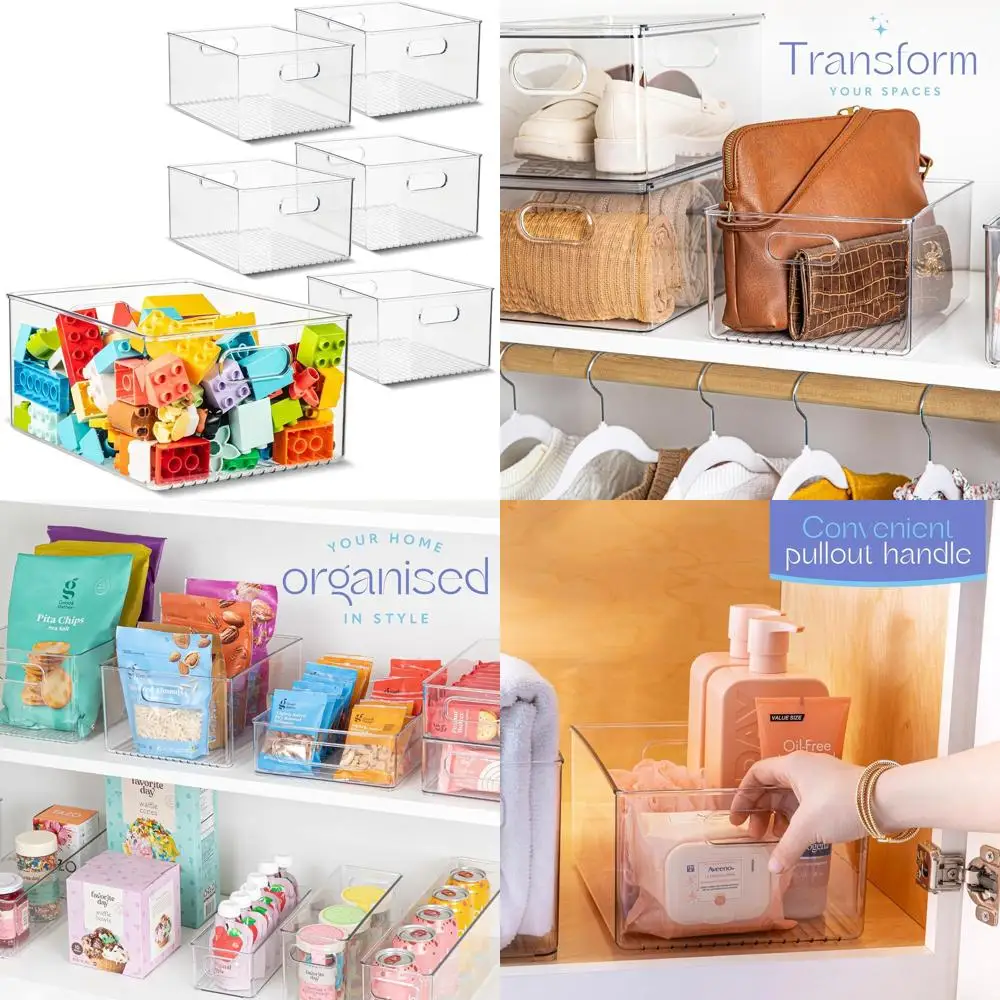 6-Piece Set of Clear Plastic Storage Bins with Lids for Kitchen, Pantry, and More, 10x8x5