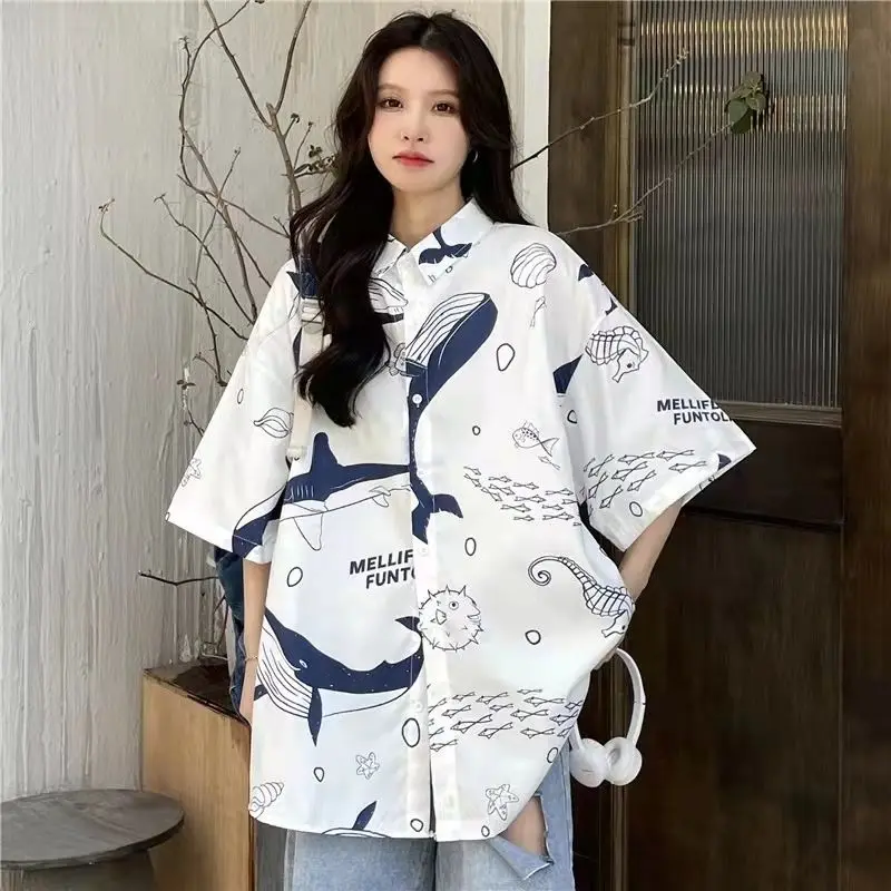 Large size chic design niche cartoon print short-sleeved shirt women's summer lazy style shirt ins trend women clothing y2k tops