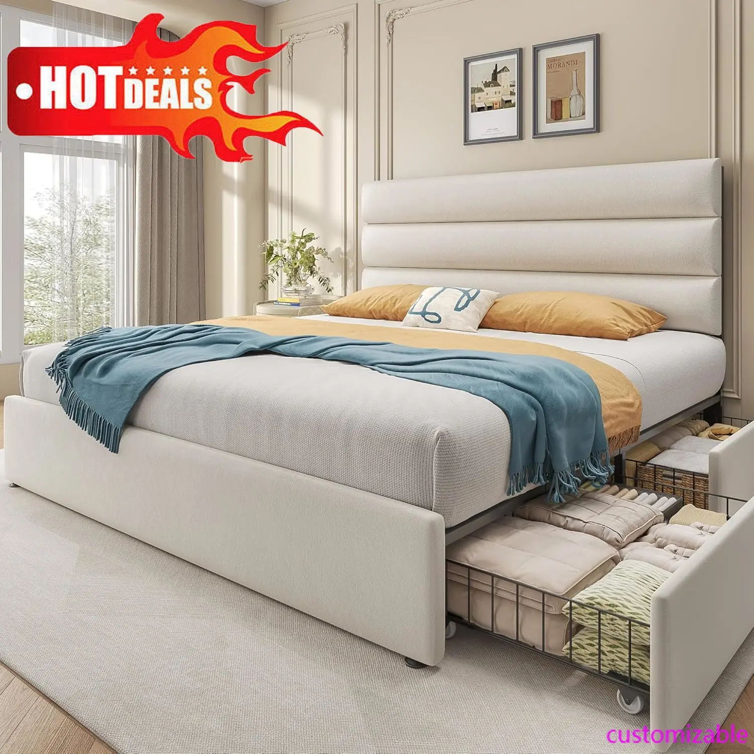 Queen Bed Frame with Storage Drawers, Queen Size Platform Bed Frame with Velvet Upholstered Headboard, Metal Support