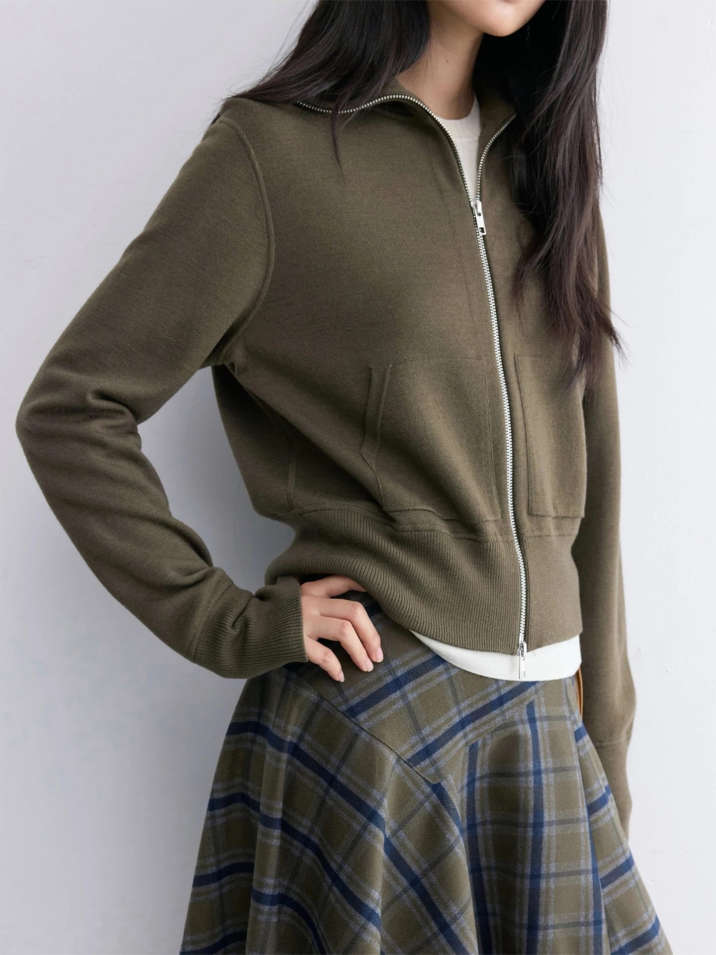 

Толстовка-кардиган женская из шерстяного трикотажа Heavyweight 18-Needle Yangzi 120S с двойной молнией и воротником, мягкий повседневный стиль