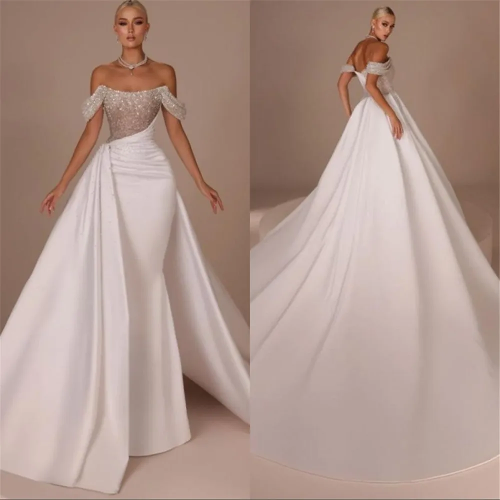 

Elegance Stunning Off-the-Shoulder Sheath Wedding Bridal Dresses Glitter Sequins Ruched Satin Bridal Dress Haute Couture Dress