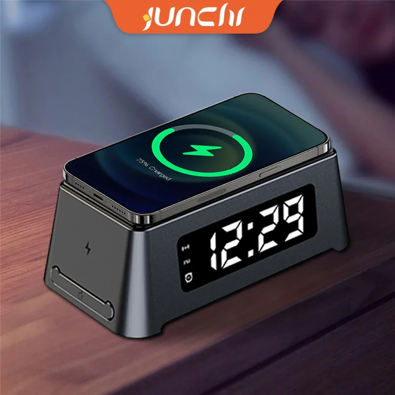 Wireless Charger Alarm Clock Time LED Light Earphone Phone Charger 15W Fast Charging Dock Station for iPhone Samsung Xiaomi