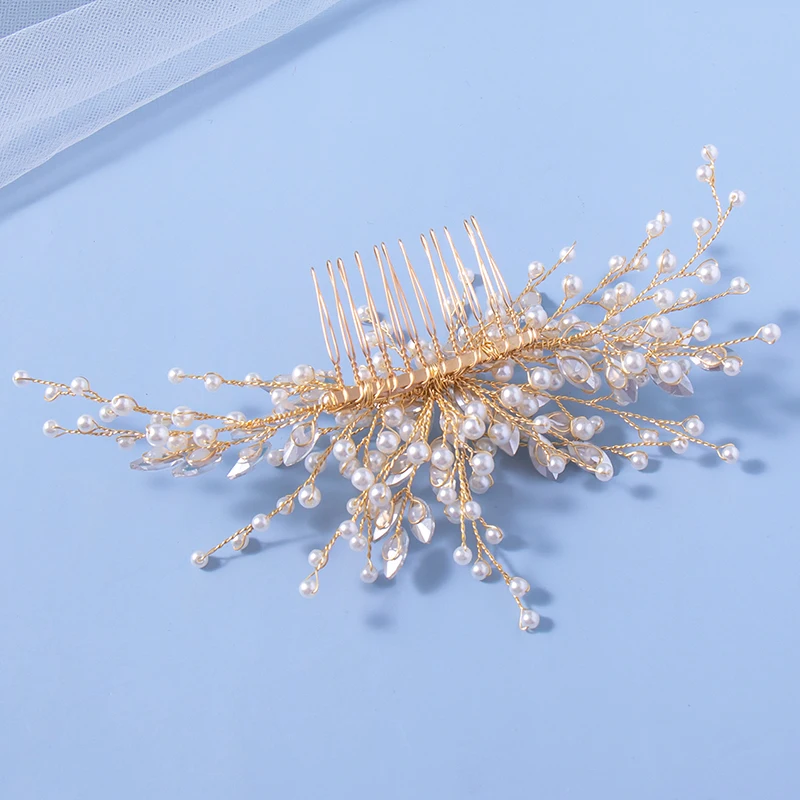Trendy Leaf Pearl Gold Wedding Hair Combs Tiara Bridal Headpiece Women Head Decorative Jewelry Hair Accessories Headdress image 2