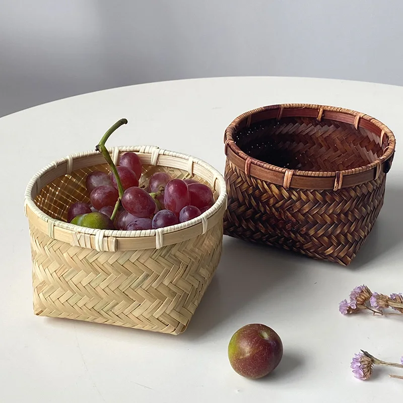 

Pastoral Hand Woven Bamboo Square Storage Basket Shooting Props Tea Fruits Dried Fruits Snacks Dim Sum Storage Bag