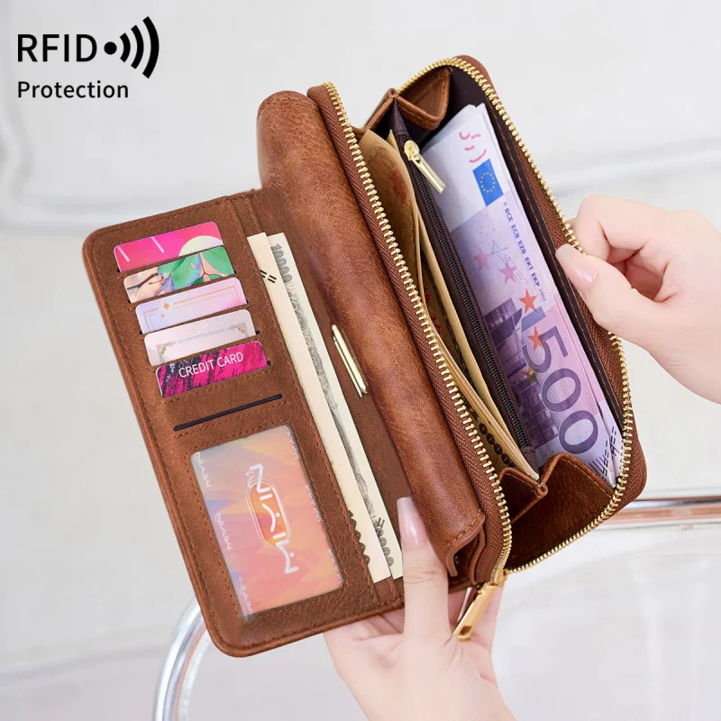 Western RDIF Blocking PU Leather Large Capacity Women Wallet Fashion Multi-functional Three Floded Purse for mens