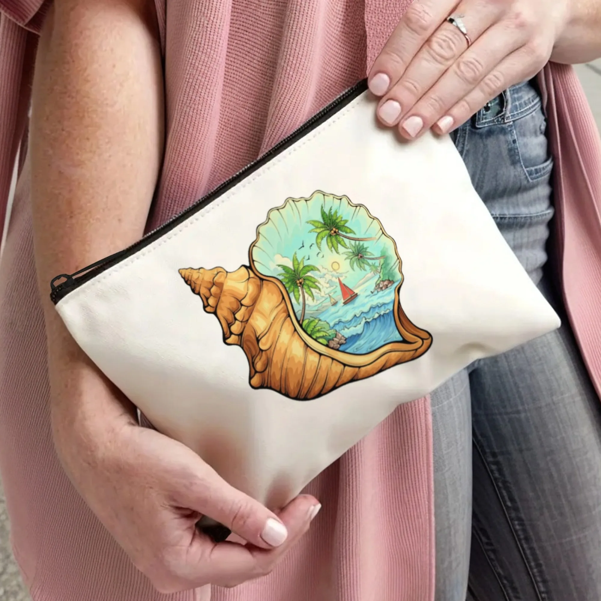 حقيبة مستحضرات التجميل ذات المشهد الاستوائي - منظم أدوات الزينة لعشاق الشاطئ، حقيبة مكياج عصرية محمولة بسحاب