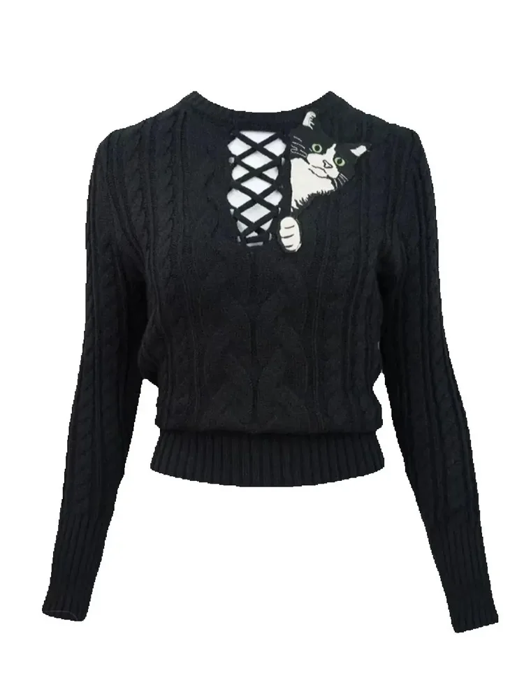 

Black Stylish Women Sweaters Tops 2025 Spring Cat Embroidery Hollow Chic Fashion Knitwear Tops Long Sleeve O-neck Ladies Jumper