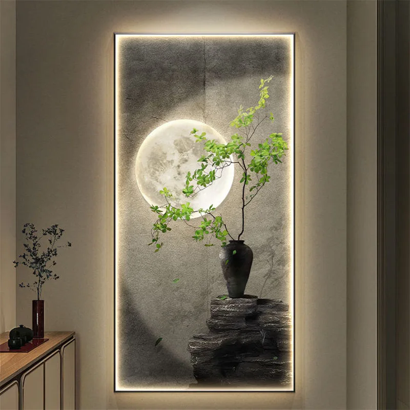Entrance Foyer Decoration Painting Green Plants Moon Corridor Corridor Hanging Painting Entrance Living Room Mural Wall Lamp