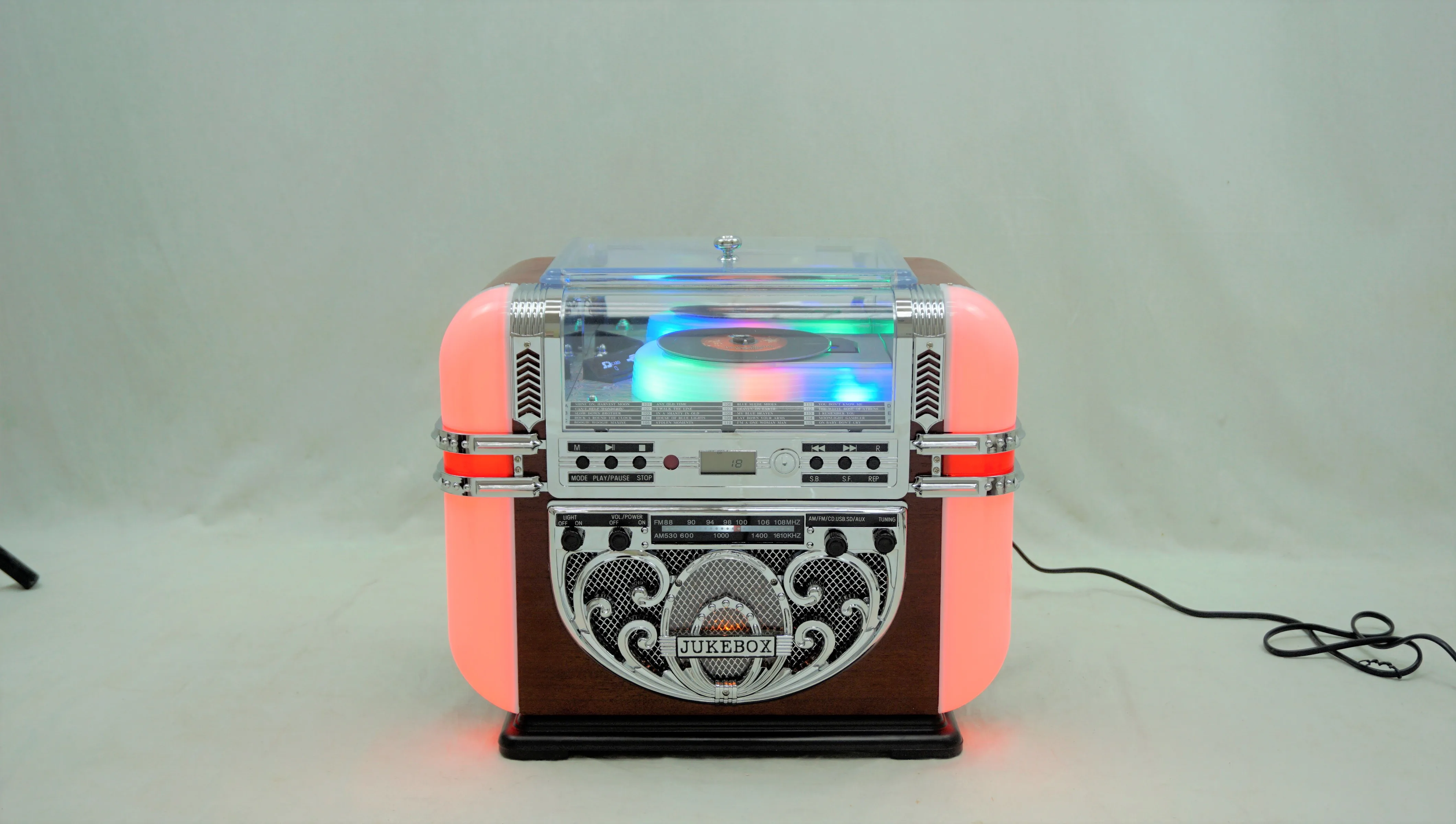 The tabletop jukebox features a rounded rectangular design, allowing for customizable colors and lights