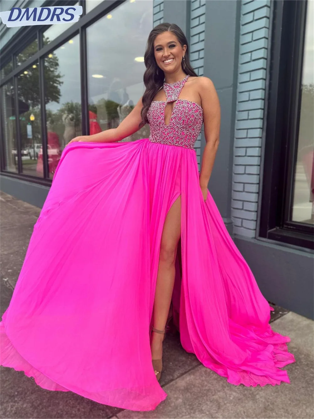 Elegant A Line Round Neck Sequins Evening Gown 2024 Luxurious Sleeveless Beaded Dress Classic Hot Pink Floor Gowns Vestidos De