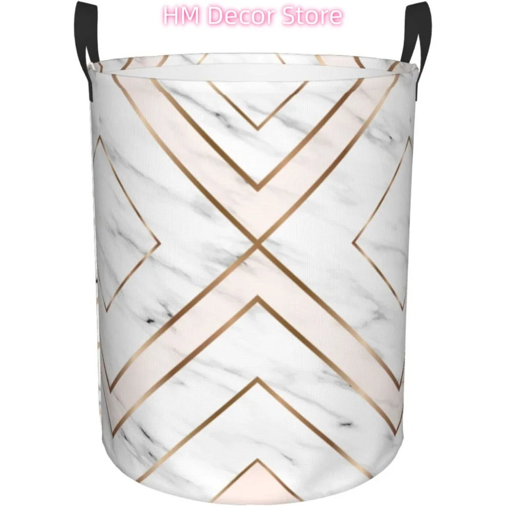 Grey Texture Rose Gold Lines White Marble Laundry Basket Waterproof Oxford Cloth Organizer Basket Collapsible Clothes Hamper wit