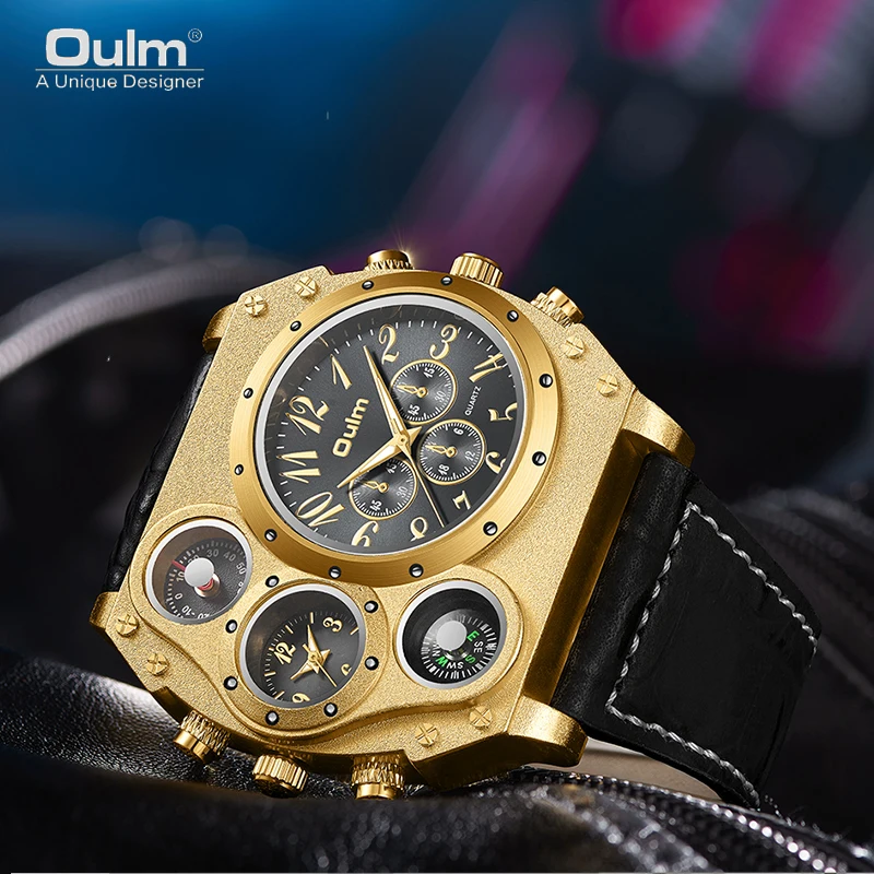 Oulm New Style Unique Designer Brand Men Sports Watch Multiple Time Zone Quartz Watch Leather Strap Mens Watch Relogio Masculino