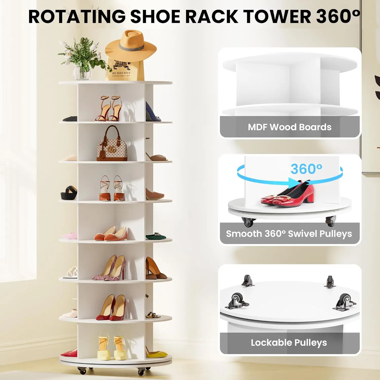 Rotating Shoe Rack Tower 360 with Wheels, 66.9in Spinning  Rack, Revolving Shoe Rack, Carousel Closet Organizer,