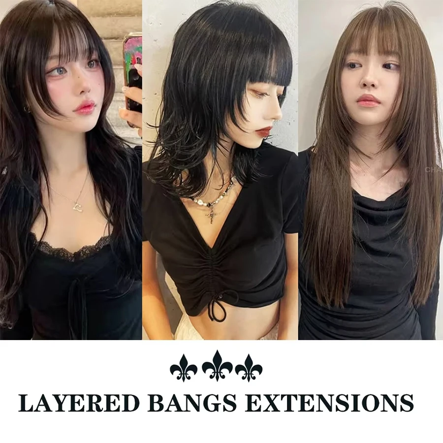 Women's Straight Synthetic Hair Extensions with Layered Bangs Side-Swept Bangs Natural-Looking Hairpiece for Versatile Styling