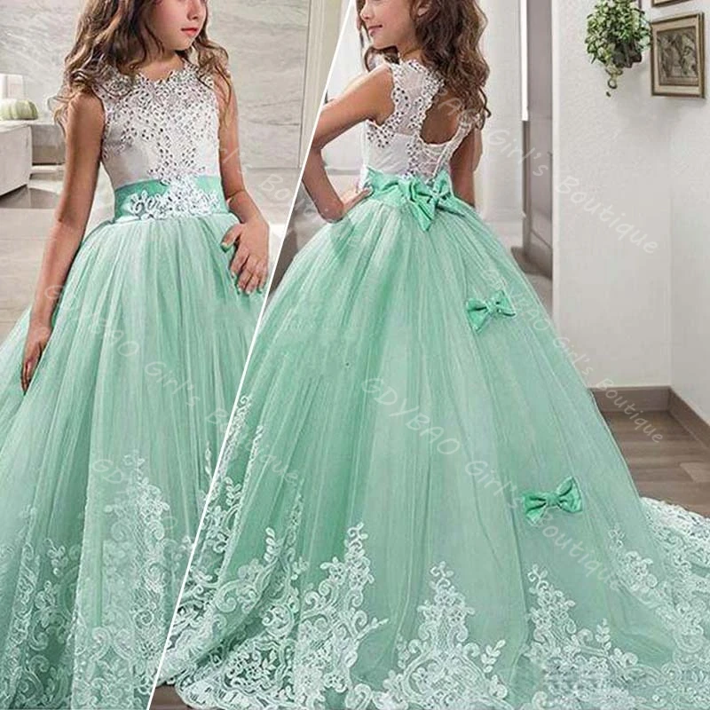 

Green Flower Girl Dress for Wedding Bridesmaids Beaded Applique Tulle First Communion Dress with Bow/Sashes Custom Party Gown
