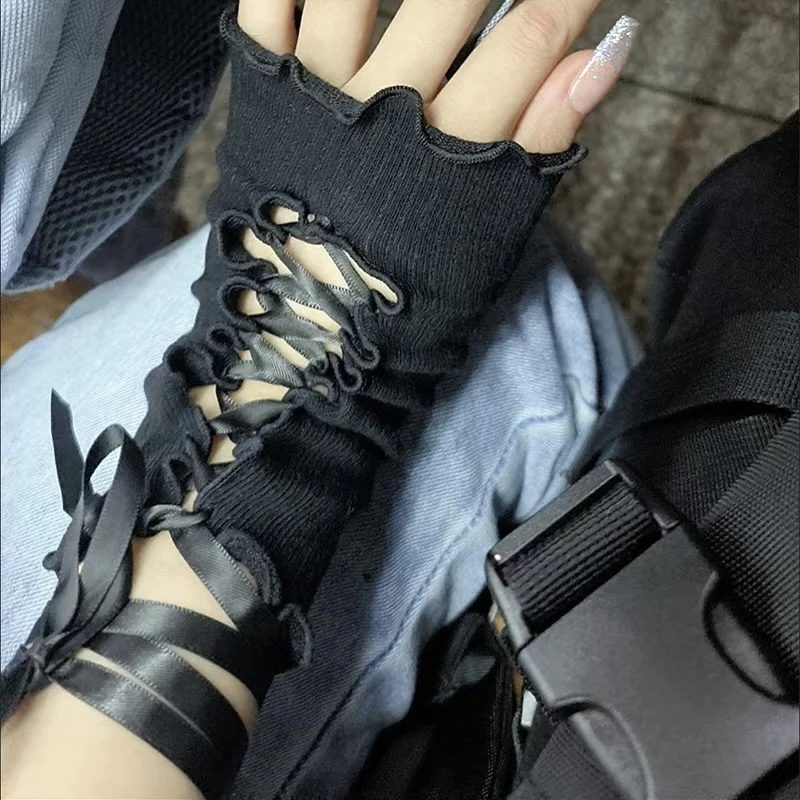 Anime Gloves Sleeves Cosplay Y2K Dark Ninja Mittens Sleeves Women's Fashion Sun Protection Cuffs Lolita Fingerless Arms