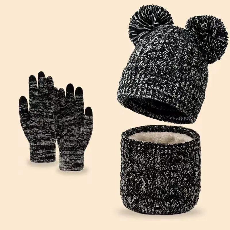 مجموعة من قبعة محبوكة سميكة من الصوف ذات خط مزدوج للأطفال بعمر 5-15 سنة ووشاح مهدب ومجموعة قفازات