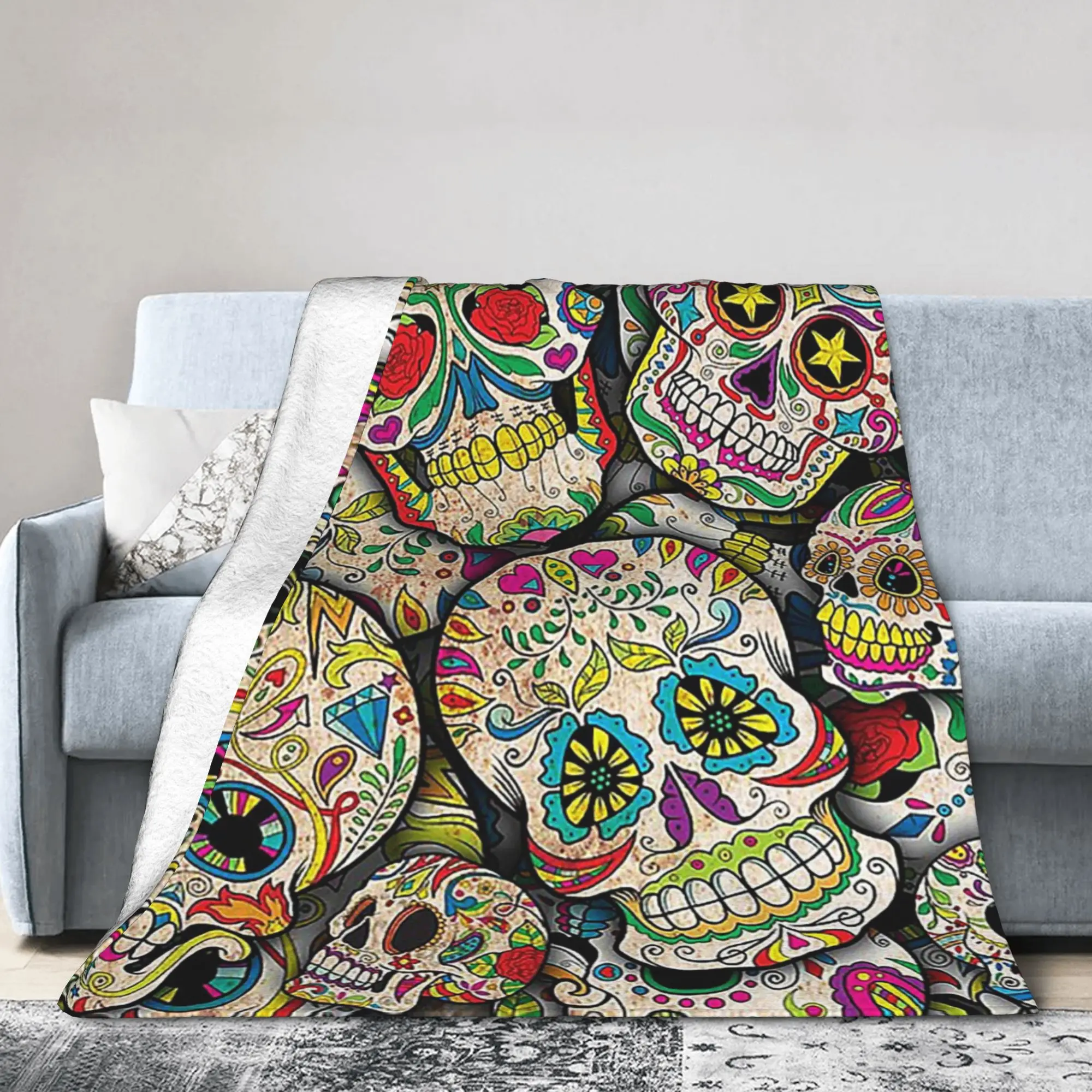 Sugar Skull Collage Blankets Ethnic Carnival Folkloric Plush Funny Breathable Throw Blankets for Home Restaurant  Winter
