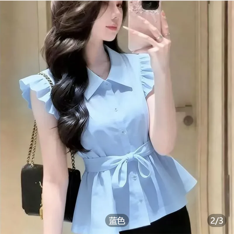 

French Elegant Pleated Design Thin Sleeveless Shirt Women Spring Summer Loose Sweet Commute Waist-cinching Slimming Top