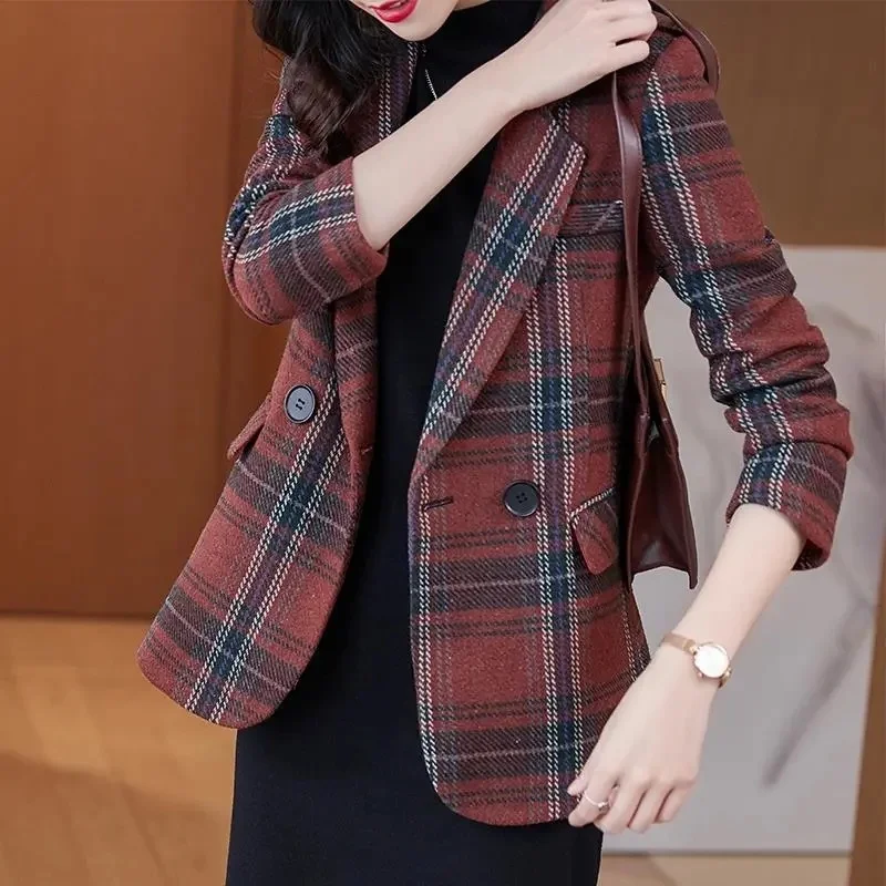 Red Plaid Suit Jacket Female 2022 Spring Autumn New Casual Vintage Woolen Small Suit Elegant Lady Office Blazers Women Outerwear