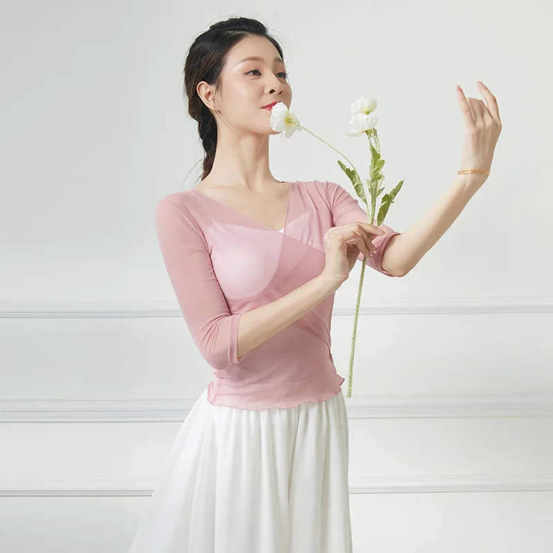 Vêtements d'entraînement de danse de ballet pour femmes, haut à manches longues, chemise en maille, sexy, transparent, classique, gaze, corps, veste pendante