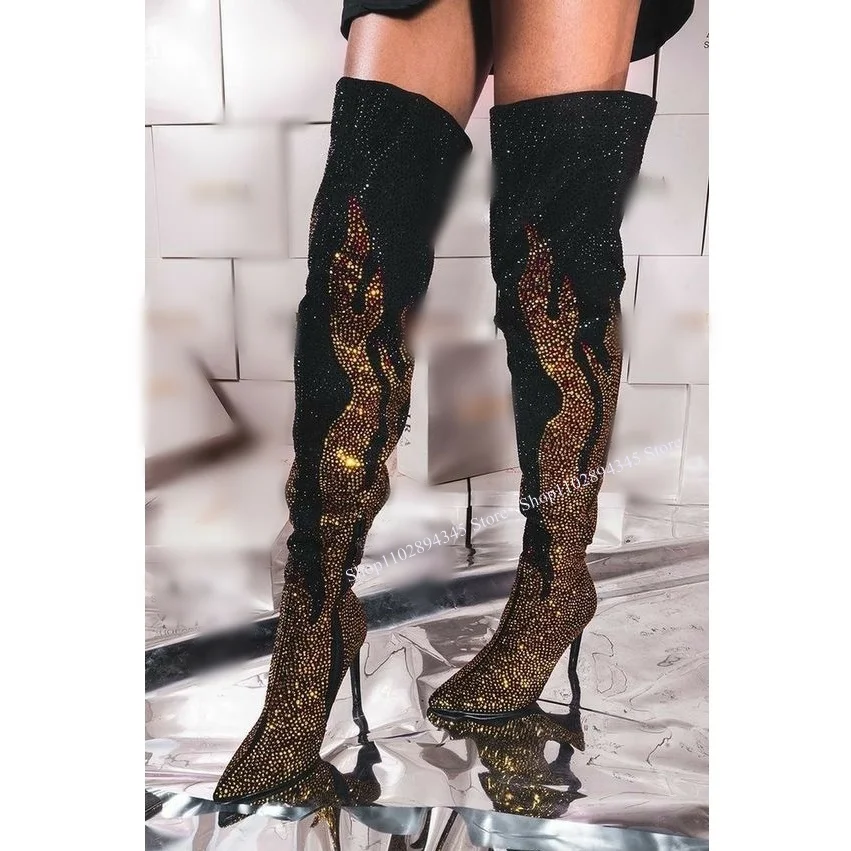 

Black Diamond Over Knee High Boots Thin High Heel Pointed Toe Fashionable Cool Sexy Western Winter Woman Shoes Zapatillas Mujer