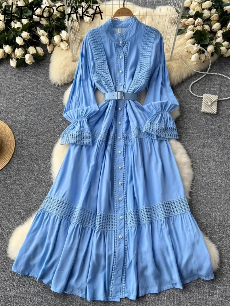 French Court Style Retro Elegant Dress Standcollar Horn Sleeve Single Breasted Robe Lace Splicing Big Swing Vestidos Mujer