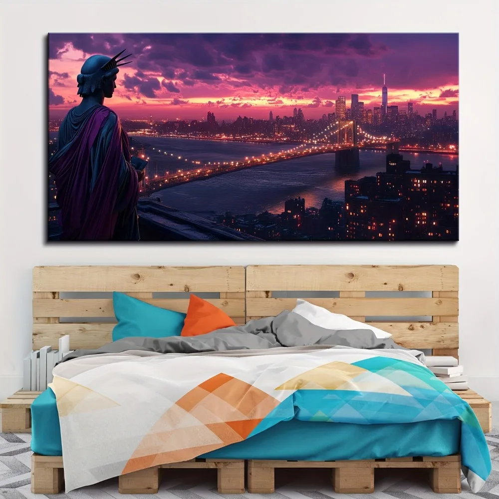 1.5 inch thick pine solid wood frame, Brooklyn Bridge and Statue of Liberty, cloth printing and wall art